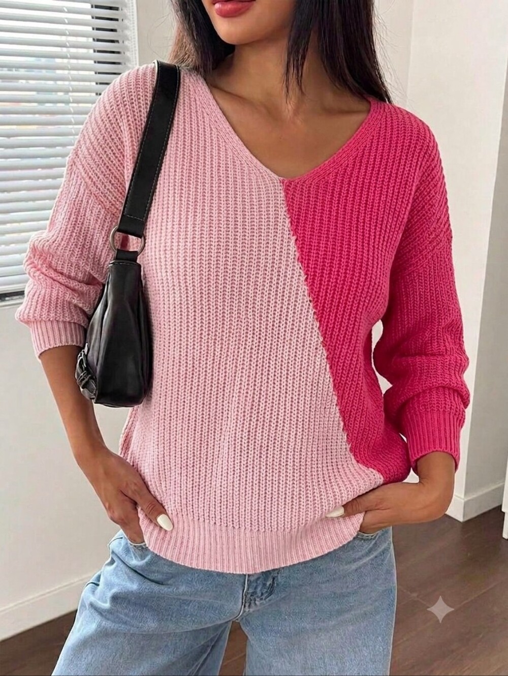 First Love Two-Tone Pink V-Neck Chunky Knit Sweater